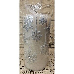 Silver & White Glitter Snowflake Winter Christmas Holiday Pillar Candle Unused